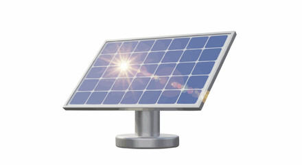 Isolated solar panel with a metal base and a bright sun reflection on a white background view