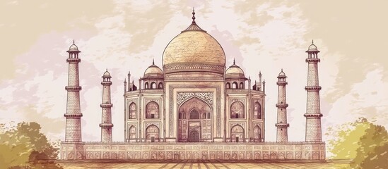 Architectural sketch of majestic Taj Mahal mausoleum with intricate details and textures