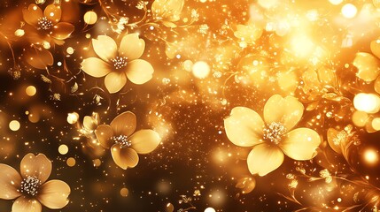 Golden Abstract Art Featuring Glowing Beautiful Flowers and Sparkling Light Effects
