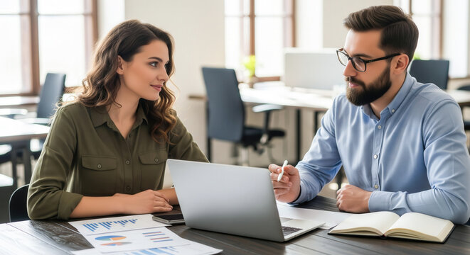 Two business professionals collaborate at a desk in a modern office, reviewing charts and data on a laptop, highlighting teamwork and analysis.