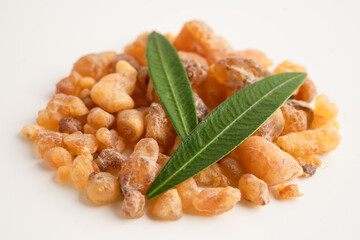 Frankincense or olibanum aromatic resin isolated on white background used in incense and perfumes.