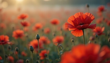Obraz premium Vibrant red poppies in a field at sunrise.