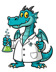 Fototapeta premium Blue dragon in lab coat holding test tube