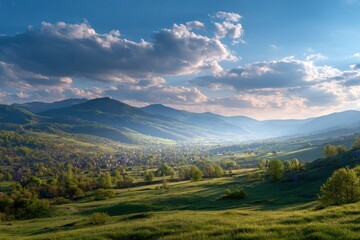 Fototapeta premium Verdant valley landscape with mountains sky and clouds