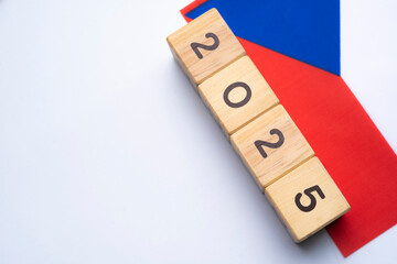 2025, Czechia flag with date block, Concept, Important events for Czechia the new year, election, economy, social activities, central bank, Czechia foreign policy