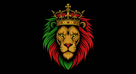 Majestic Lion Head with Crown, Reggae Colors, Black Background