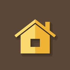 A simple, golden house icon, designed with a flat style, appears on a brown background, representing home, real estate, and housing concepts.