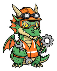 Cartoon dragon with goggles holding gear
