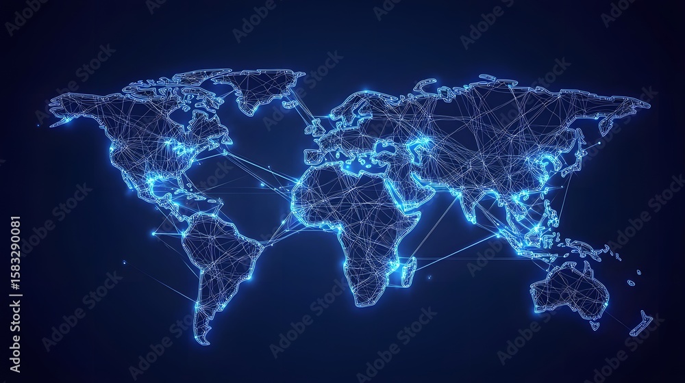 Poster global network map with glowing connections.