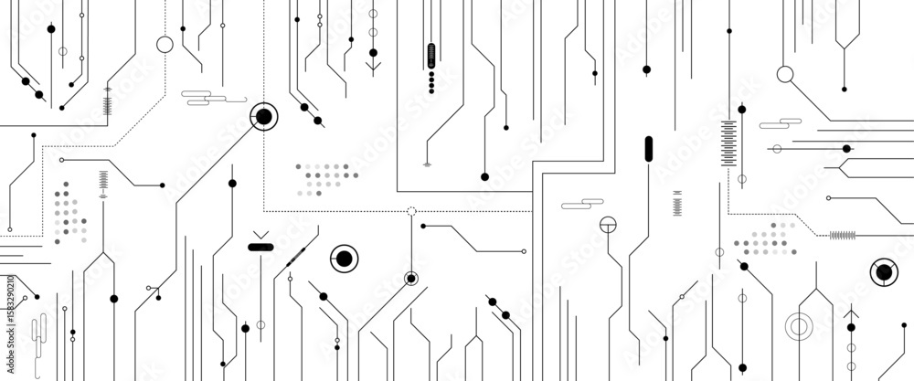 Poster vector technology black circuit diagram concept. abstract circuit board design with lines dots