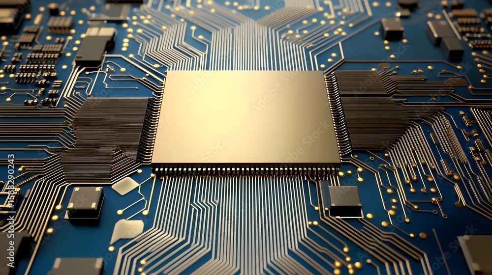 Poster close-up view of a golden computer processor on a dark blue circuit board.