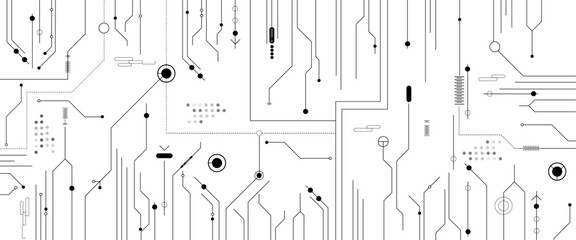 Vector Technology black circuit diagram concept. Abstract circuit board design with lines dots