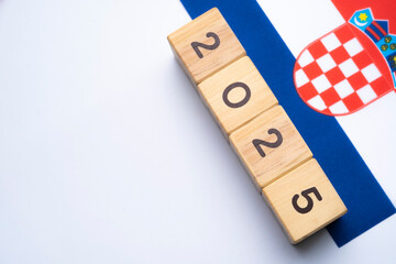2025, Croatia flag with date block, Concept, Important events for Croatia the new year, election,...