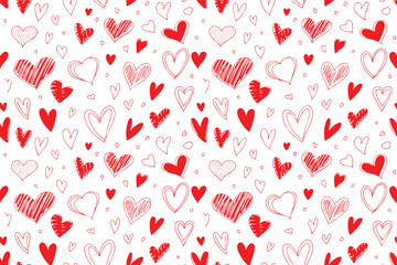 Red Hearts Pattern Vector Background: Hand Drawn Heart Shapes, Seamless Design, Abstract Heart Illustration, Romantic Backdrop, Decorative Heart Texture, Love Theme