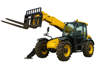 A yellow telehandler with extendable arms designed for lifting heavy materials on construction sites and industrial environments.