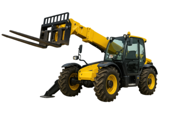 A yellow telehandler with extendable arms designed for lifting heavy materials on construction sites and industrial environments.