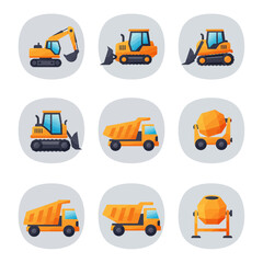 Collection of nine vector illustrations of yellow construction vehicles on a gray background, including bulldozers, excavators, dump trucks, and cement mixers, ideal for construction industry