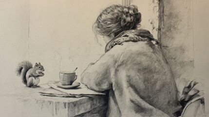 A black-and-white pencil drawing depicts a woman sitting with her back turned at a table, drawing on a piece of paper, a cup of coffee on the table, and a squirrel watching her. 