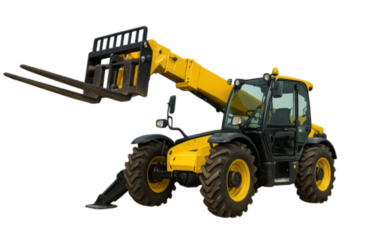 A yellow telehandler with extendable arms designed for lifting heavy materials on construction sites and industrial environments.