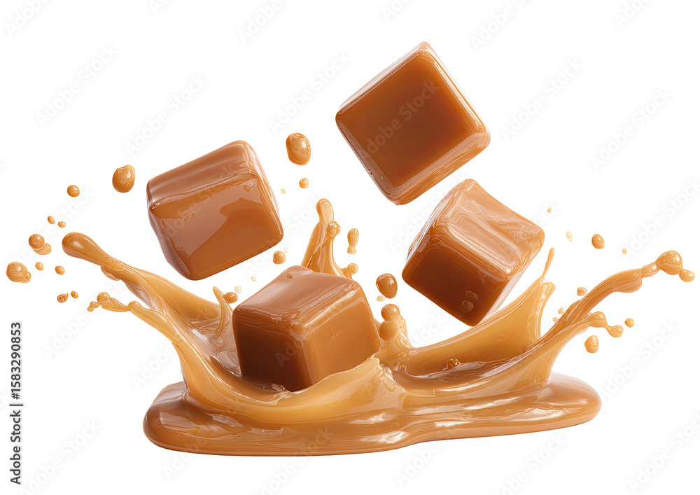 Poster caramel cubes splashing in caramel sauce on transparent background