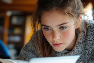 Teenager learning at home via the internet, attending a lecture and taking notes in her notebook, Generative AI