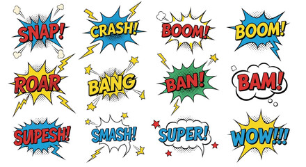 Obraz premium Collection of Colorful Comic Book Sound Effects Speech Bubbles