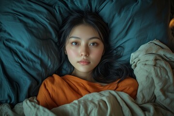 Sick day at home, Asian woman with a runny nose and common cold, resting at home to recover, Generative AI