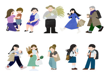 様々な年代の人物の手描きカラーデフォルメイラストセット