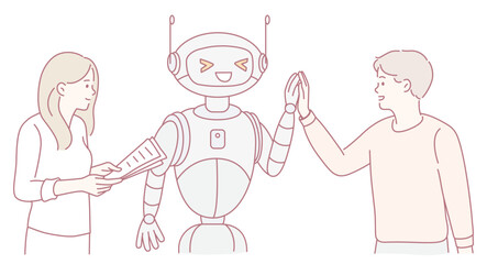 A vibrant scene portraying uplifting and positive interactions between humans and a friendly robot character