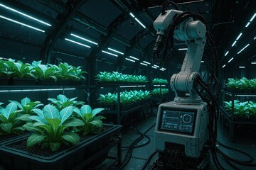 Futuristic robot tending to vibrant plants in a modern agricultural facility.