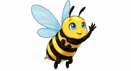 Adorable Cartoon Bee with Big Blue Eyes, Waving, Yellow and Black Stripes, Light Blue Wings