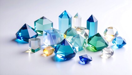 Colorful,faceted crystals of various shapes on a white surface
