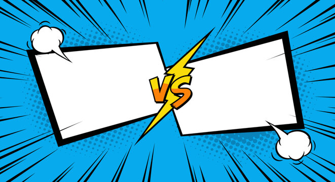 Vibrant Comic Book Style Versus Battle Template with Two Blank White Speech Bubbles and a Yellow Lightning Bolt
