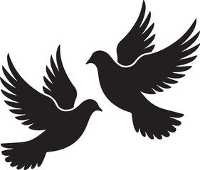 Two black doves flying together in a graceful silhouette against a white background
