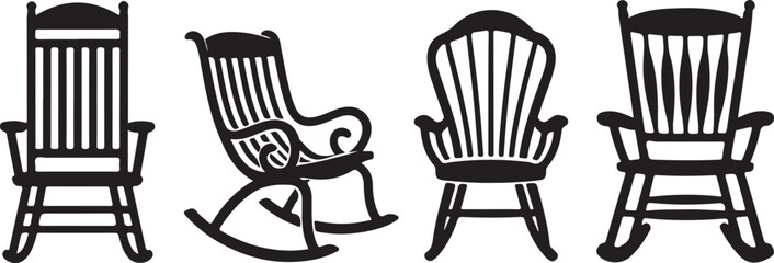 Collection of four distinct rocking chairs in a simple black silhouette