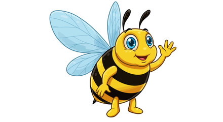 Cheerful Cartoon Bee Waving with Blue Wings and Smiling Face