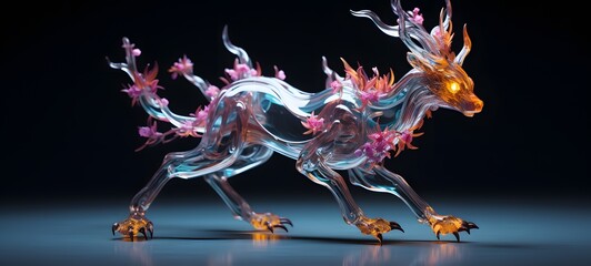 A fenrir ifrit , a small creature made of glass that is sitting in the palm of your hand,ai generative