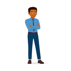 African American Man Standing with Arms Crossed and Smiling, Wearing Formal Blue Shirt and Trousers