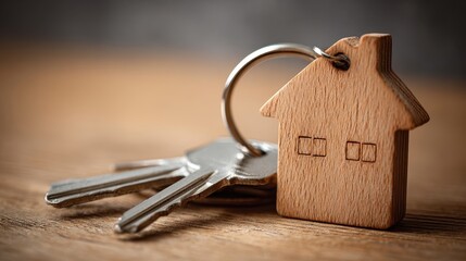 The wooden house keyring on table with keys representing home ownership