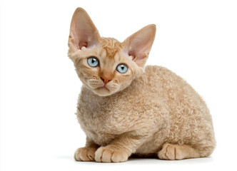 Devon Rex Cat Posing on Light Background – Adorable Curly-Haired Feline with Large Ears and Expressive Eyes, Perfect for Pet Lovers and Animal-Themed Creative Projects