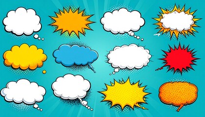 Comic book speech bubbles in various shapes and colors