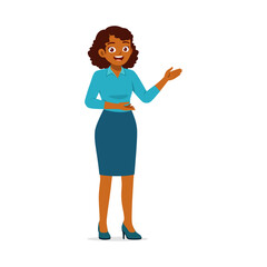 Happy African American Woman Presenting Information with an Open Palm Gesture in Professional Cartoon Style