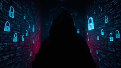 Fototapeta premium Hacker in Hooded Jacket Typing in Dark Room | Cybersecurity Threat with Binary Code Overlay | Dark Web Hacker with Glowing Interface