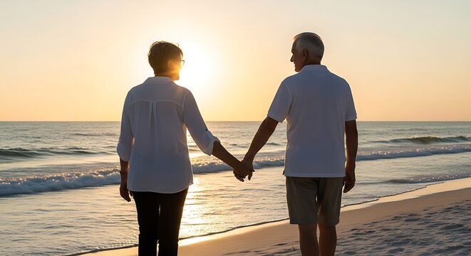 Senior couple holding hands walking on a sandy beach at sunset, enjoying a peaceful moment together near the ocean waves.