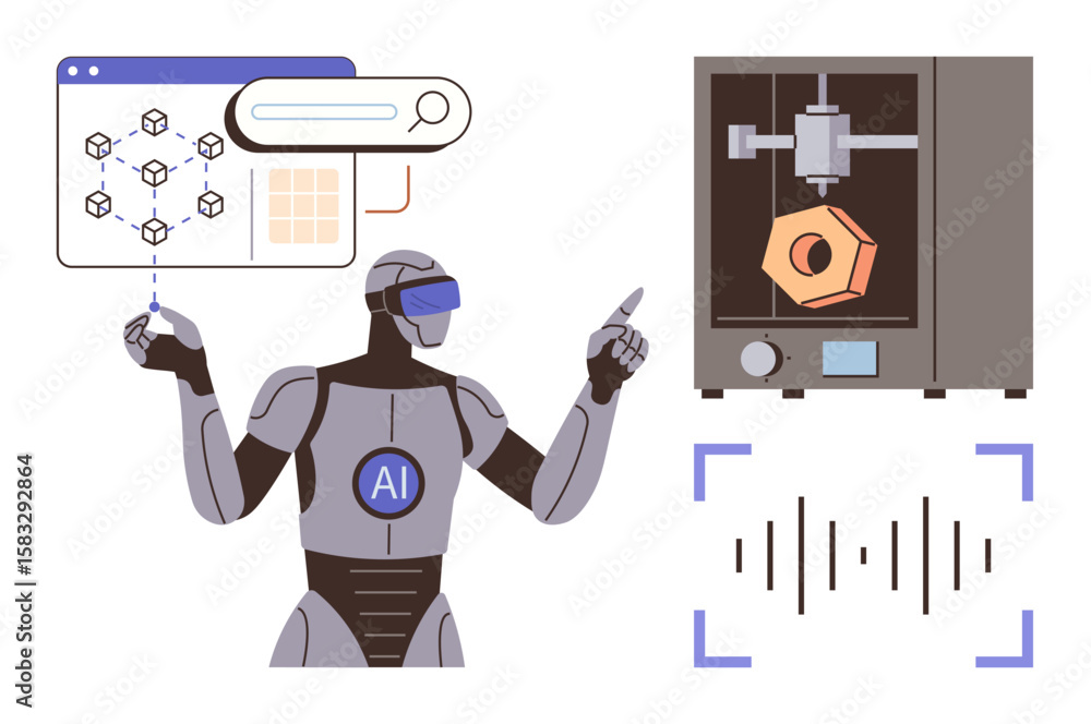 Poster ai robot gesturing towards 3d printing process and data flow chart. ideal for ai, automation, future