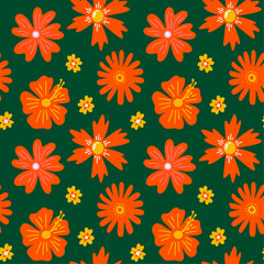 Tropical summer floral plants seamless vector pattern with colorful abstract exotic flowers illustration elements in cartoon funky groovy boho style for wrapping paper, textile, wallpaper, fabric