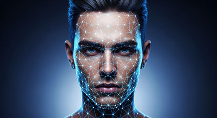 Futuristic Man Face Scan: Biometric Security and Facial Recognition Technology, AI-Powered Identity Verification, Digital Avatar Concept for Metaverse