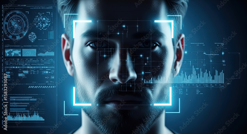 Poster futuristic biometric scan of a man's face with digital interface, ai, data visualization, security s
