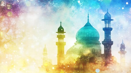 Silhouetted mosque, colorful bokeh