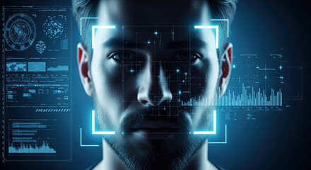 Futuristic Biometric Scan of a Man's Face with Digital Interface, AI, Data Visualization, Security System, Cyber Technology, High Tech Concept